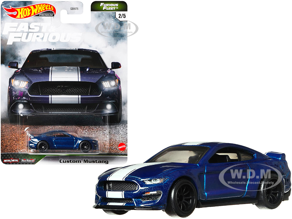 Custom Mustang Blue Metallic with White Stripes Fast & Furious Series Diecast Model Car by Hot Wheels