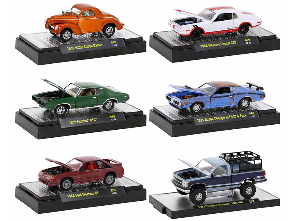 "Auto Meets" Set of 6 Cars IN DISPLAY CASES Release 69 Limited Edition 1/64 Diecast Model Cars by M2 Machines