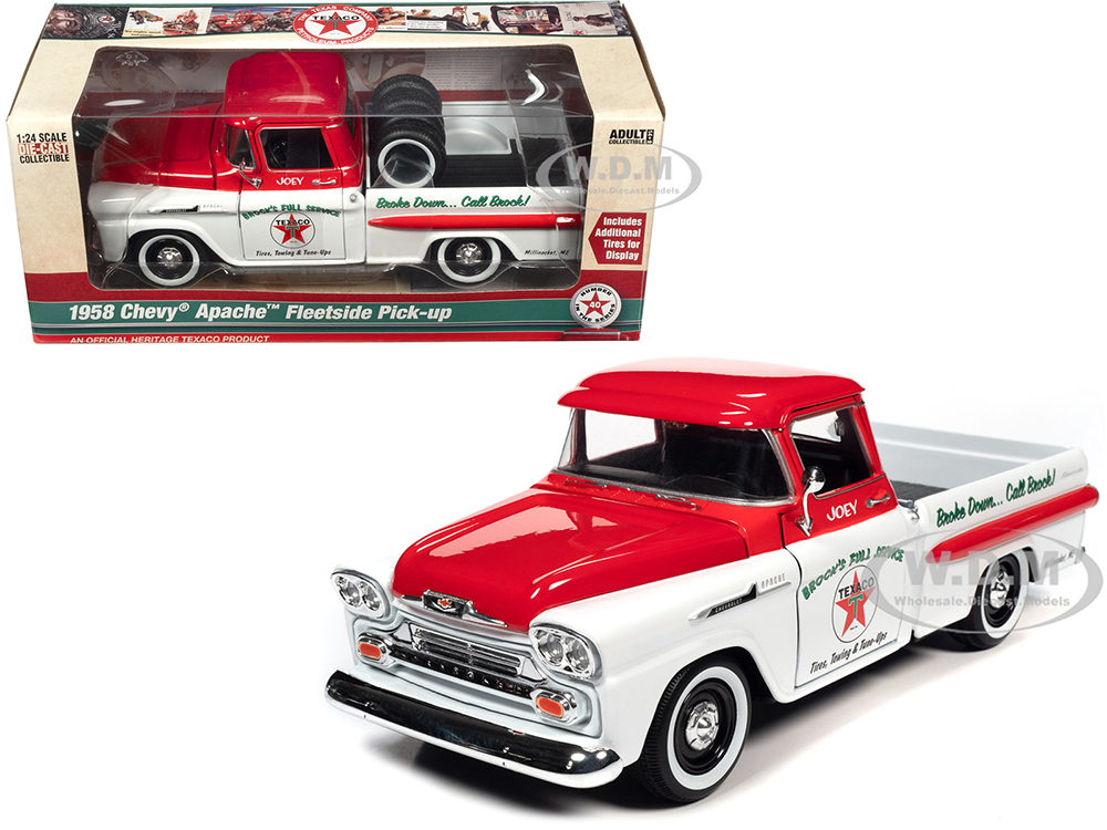 1958 Chevrolet Apache Fleetside Pickup Truck White and Red "Brocks Full Service - Texaco" with Tires in Truck Bed 1/24 Diecast Model Car by Auto Worl