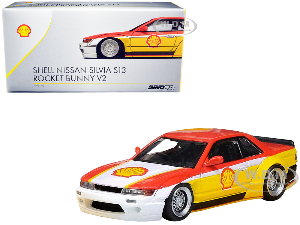 Nissan Silvia S13 Rocket Bunny V2 RHD (Right Hand Drive) Yellow and Red with White "Shell" 1/64 Diecast Model Car by Inno Models
