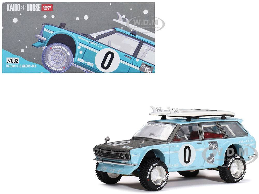 Datsun Kaido 510 Wagon 4x4 RHD (Right Hand Drive) Light Blue with Carbon Hood with Surfboards on Roof Winter Holiday Edition (Designed by Jun Imai) Kaido House Special 1/64 Diecast Model Car by Mini GT