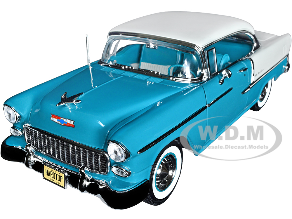 1955 Chevrolet Bel Air Skyline Blue and India Ivory White Hemmings Classic Car Magazine Cover Car American Muscle Series 1/18 Diecast Model Car by Auto World