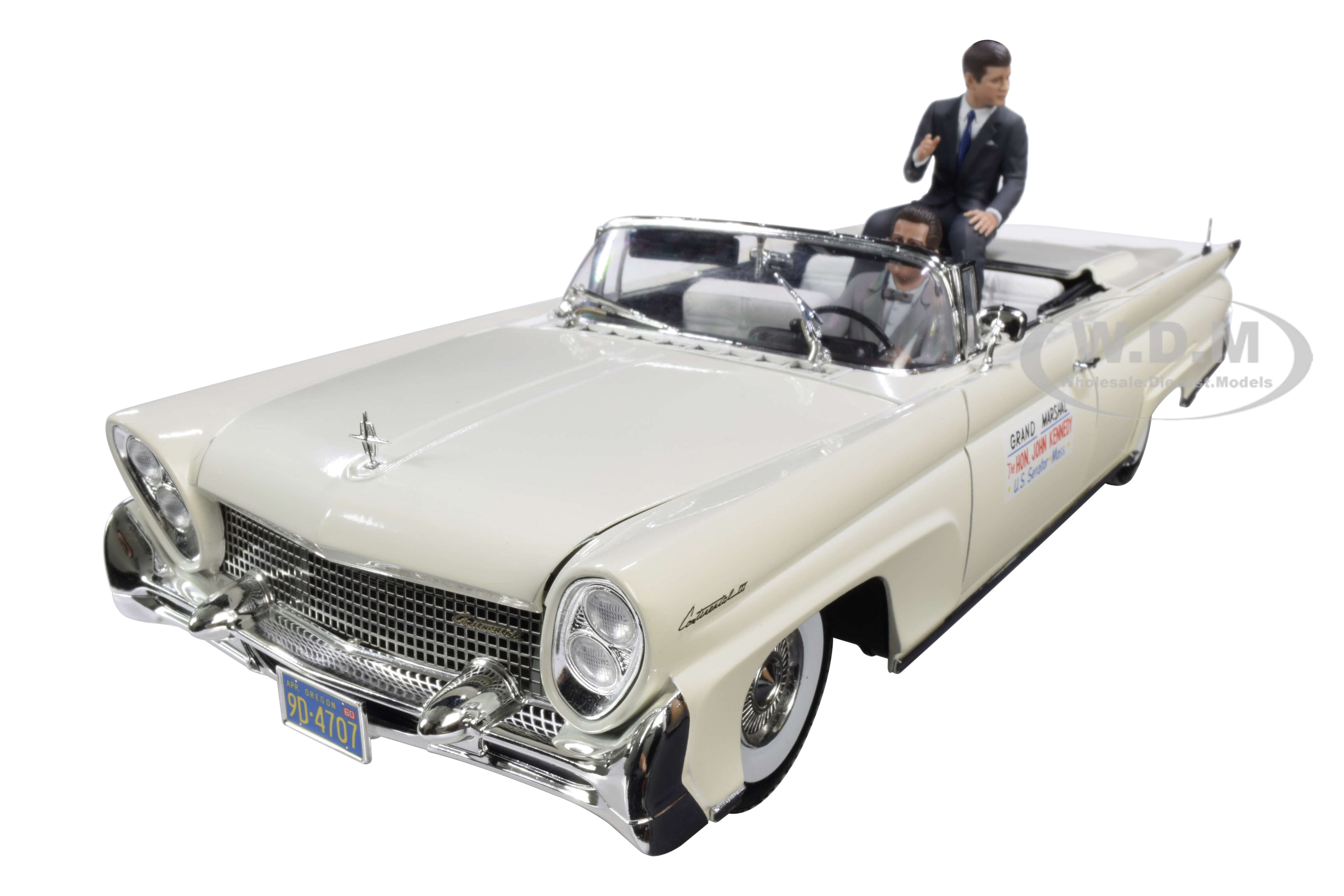 Image of 1958 Lincoln Continental MKIII Open Convertible White with Two Figurines (Driver and John F. Kennedy) "John F. Kennedy in Oregon (1960)" 1/18 Diecast