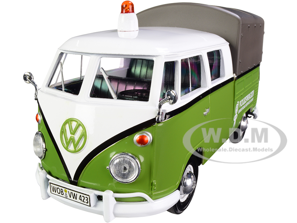 Volkswagen T1 Pickup with Canopy Green and White with Trailer Road Service 1/24 Diecast Model Car by Motormax