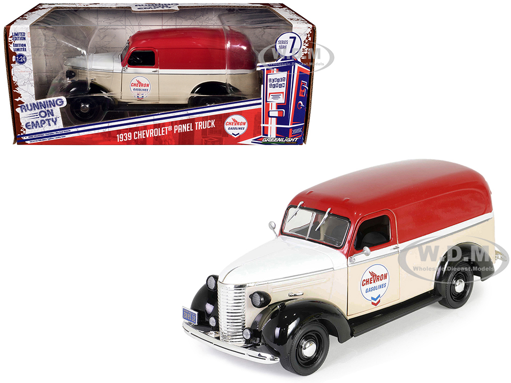 1939 Chevrolet Panel Truck Chevron Gasolines Red and Beige with White Hood and Stripes Running on Empty Series 7 1/24 Diecast Model Car by Greenlight