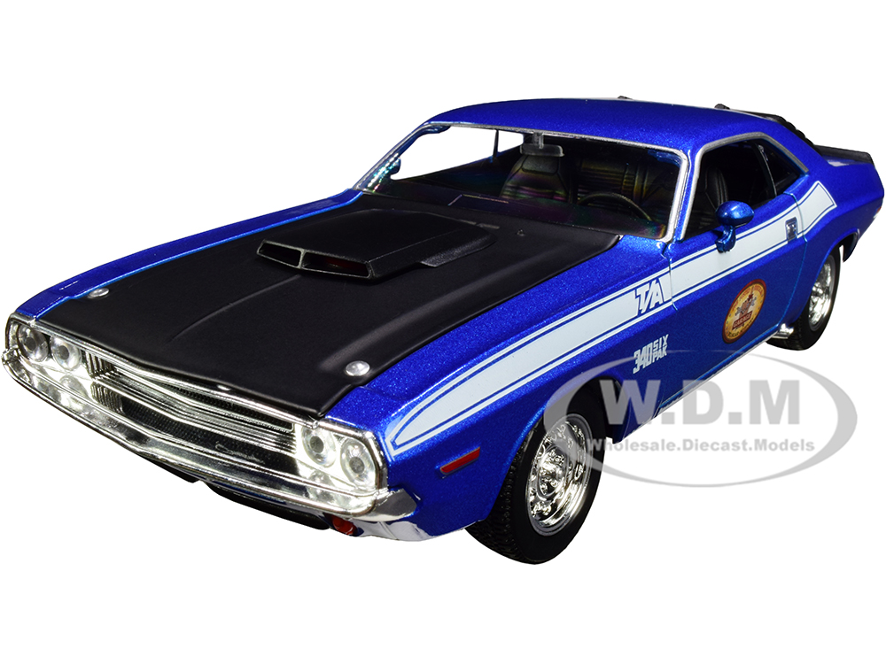 Image of 1970 Dodge Challenger T/A 340 Six Pack Blue Metallic with Black Hood and White Stripes "The Busted Knuckle Garage" 1/24 Diecast Model Car by First Ge