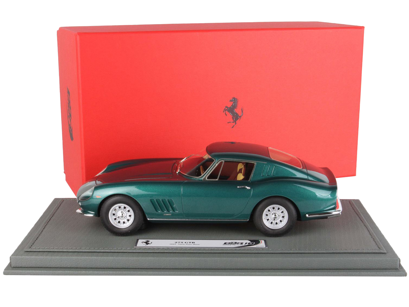 Ferrari 275 GTB Dark Green Metallic Paris Auto Show (1964) with DISPLAY CASE Limited Edition to 200 pieces Worldwide 1/18 Model Car by BBR
