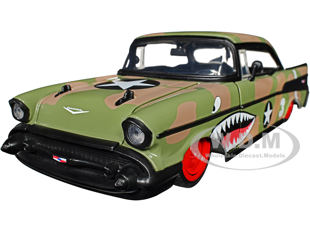 1957 Chevrolet Bel Air #3 Camouflage with Shark Mouth Graphics Bigtime Muscle Series 1/24 Diecast Model Car by Jada