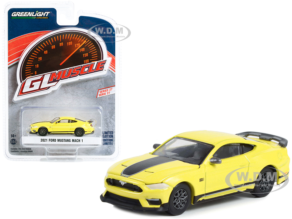 2021 Ford Mustang Mach 1 Grabber Yellow with Black Stripes Greenlight Muscle Series 27 1/64 Diecast Model Car by Greenlight