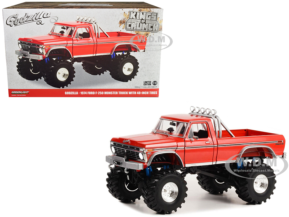 1974 Ford F-250 Monster Truck with 48-Inch Tires Red "Godzilla" "Kings of Crunch" Series 1/18 Diecast Model Car by Greenlight