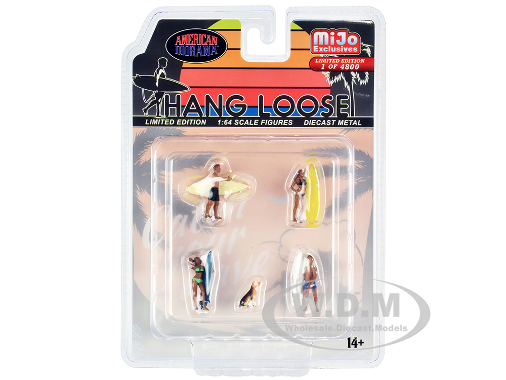 "Hang Loose" 5 piece Diecast Set (4 Surfer Figures and 1 Dog) Limited Edition to 4800 pieces Worldwide for 1/64 Scale Models by American Diorama
