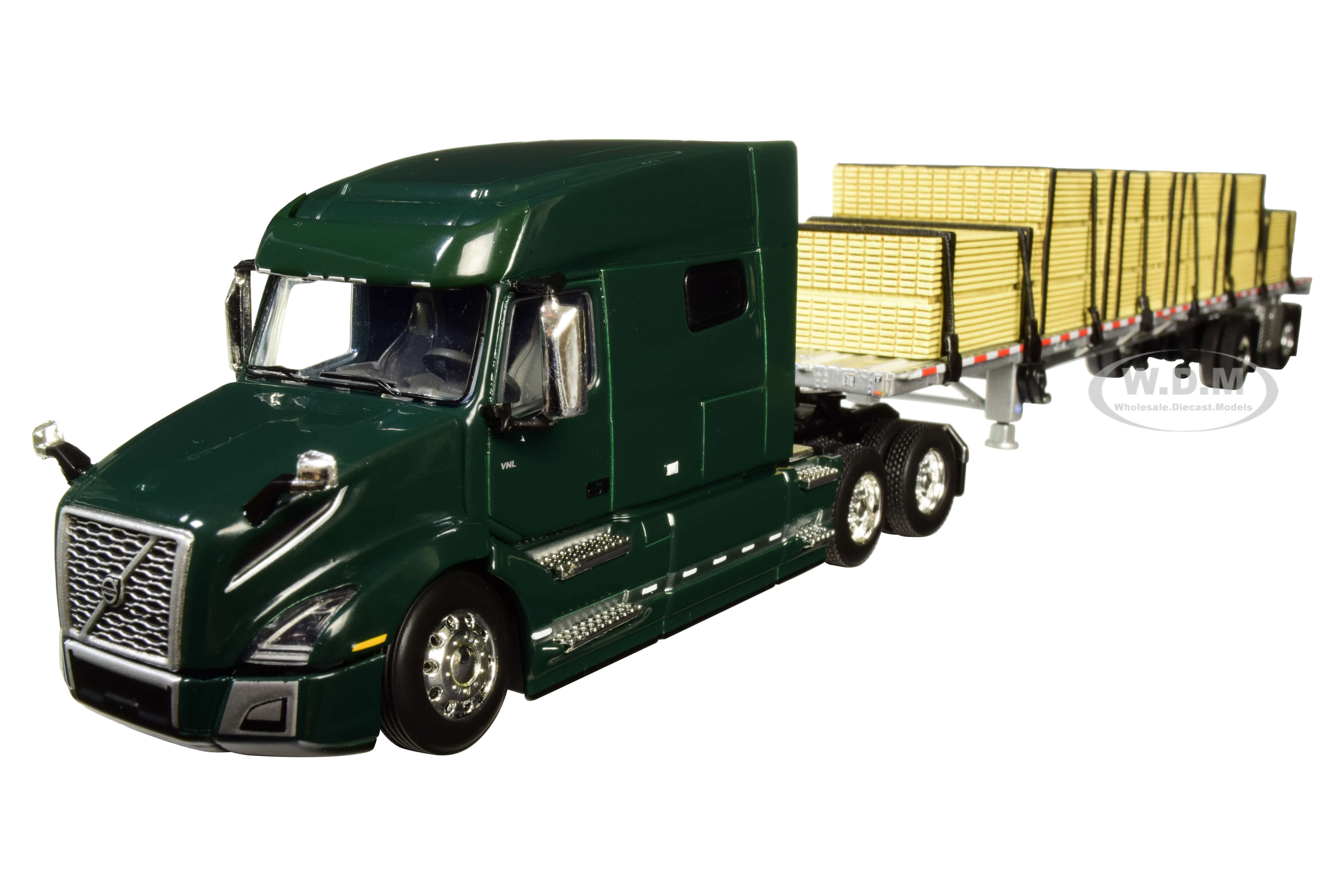 Volvo Vnl 760 Mid-roof Sleeper Cab Forest Green With Wilson Flatbed Trailer And Lumber Load 1/64 Diecast Model By Dcp/first Gear