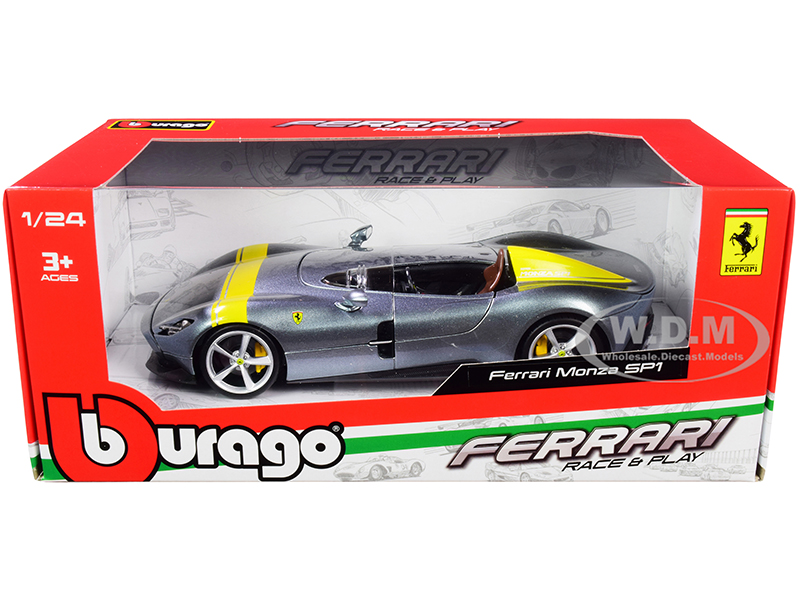 Ferrari Monza SP1 Silver Metallic with Yellow Stripes 1/24 Diecast Model Car by Bburago