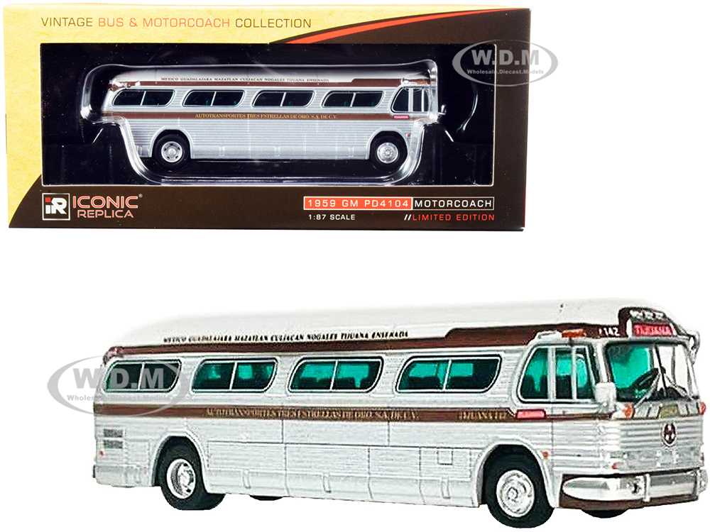 1959 GM PD4104 Motorcoach Bus "Tijuana" "Tres Estrellas de Oro" (Mexico) Silver and White with Brown Stripes "Vintage Bus &amp; Motorcoach Collection