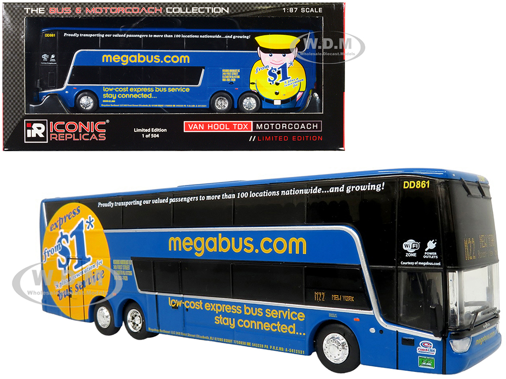 Van Hool TDX Double Decker Coach Bus Megabus M22 Boston to New York The Bus & Motorcoach Collection Limited Edition to 504 pieces Worldwide 1/87 (HO) Diecast Model by Iconic Replicas