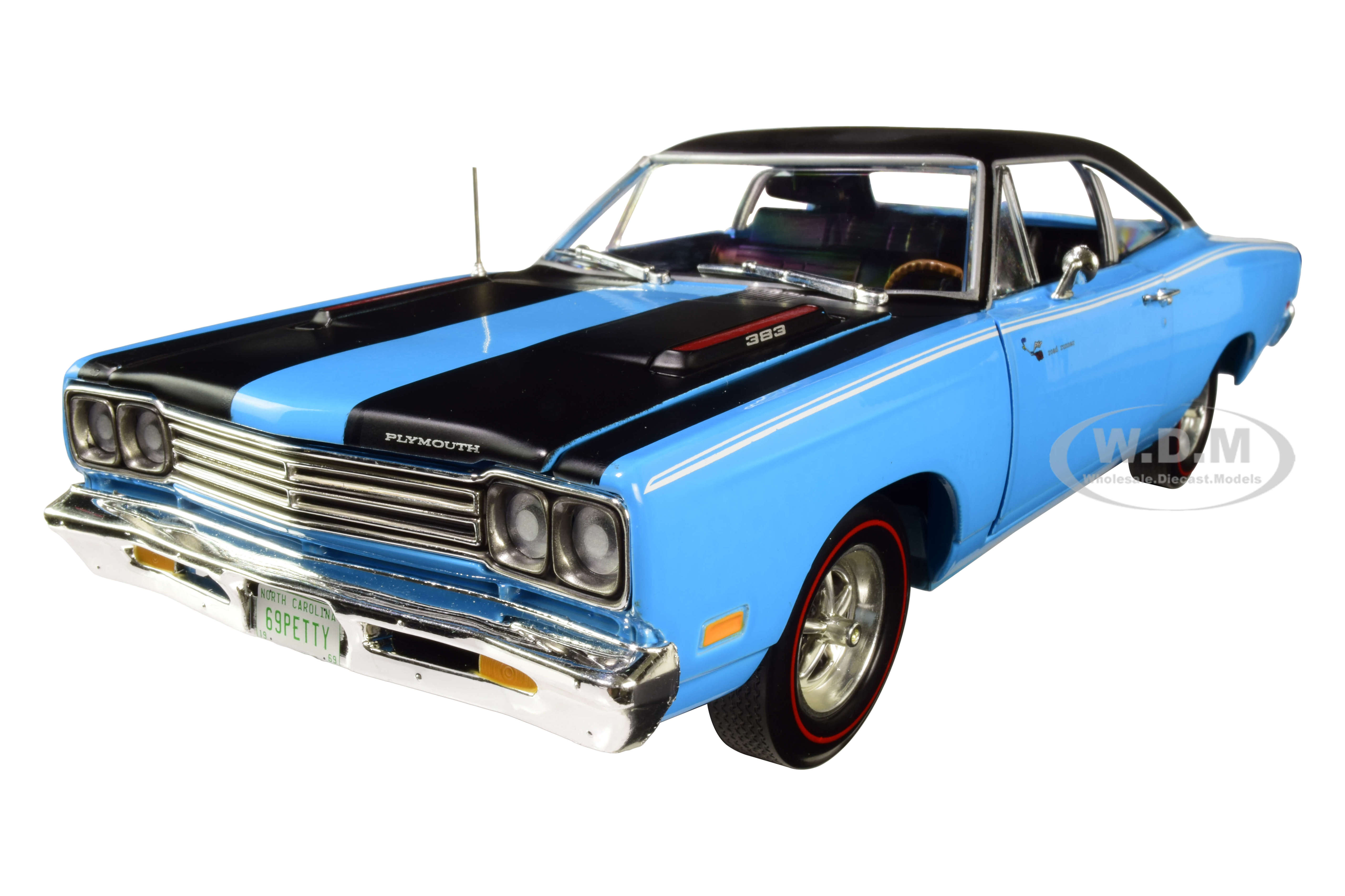 Image of 1969 Plymouth Road Runner Hardtop Petty Blue with Black Top and Black Stripes "Looney Tunes" "Class of 1969" 1/18 Diecast Model Car by Autoworld