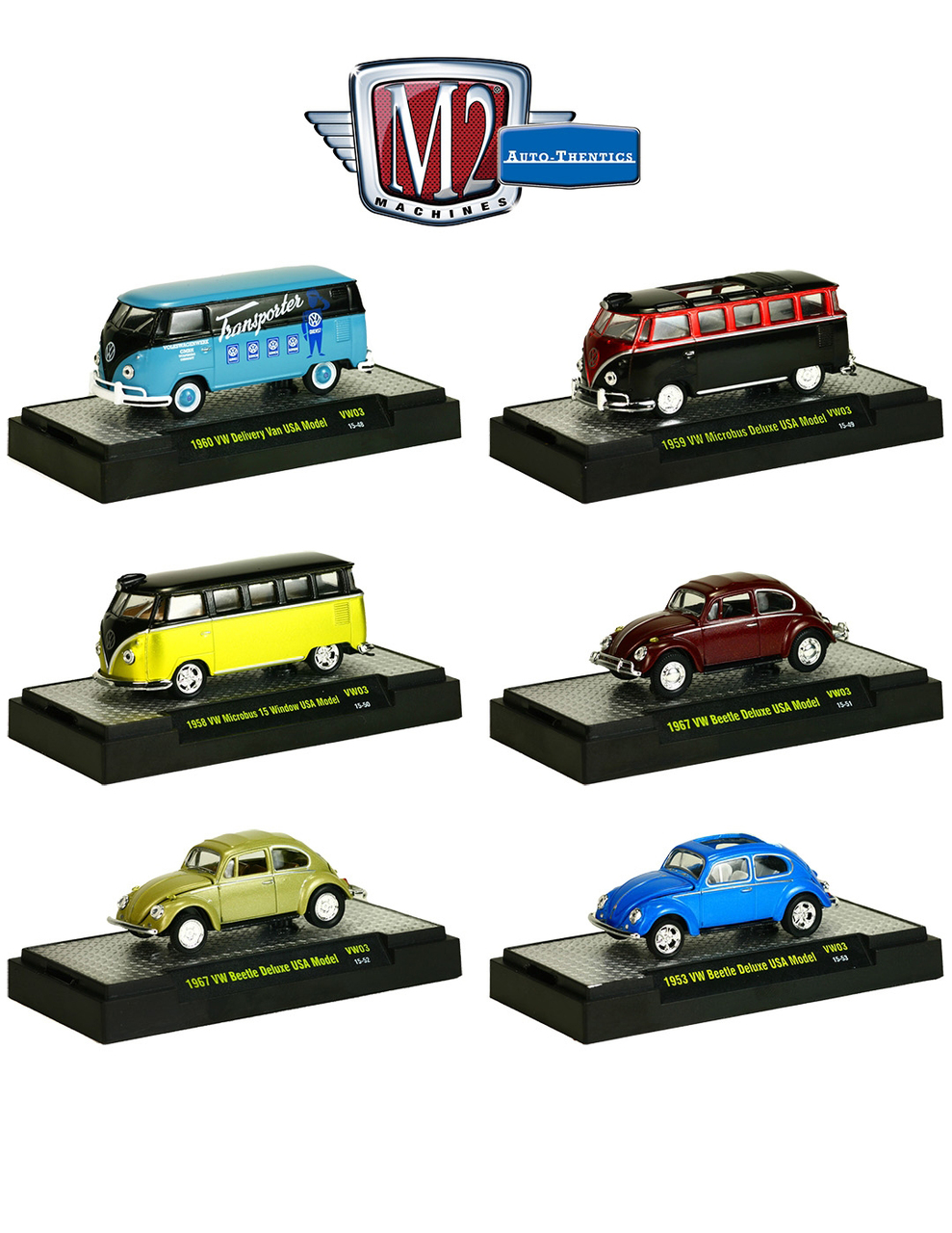Auto Thentics Volkswagen 6 Cars Set Release 3 In Display Cases 1/64 Diecast Model Cars By M2 Machines