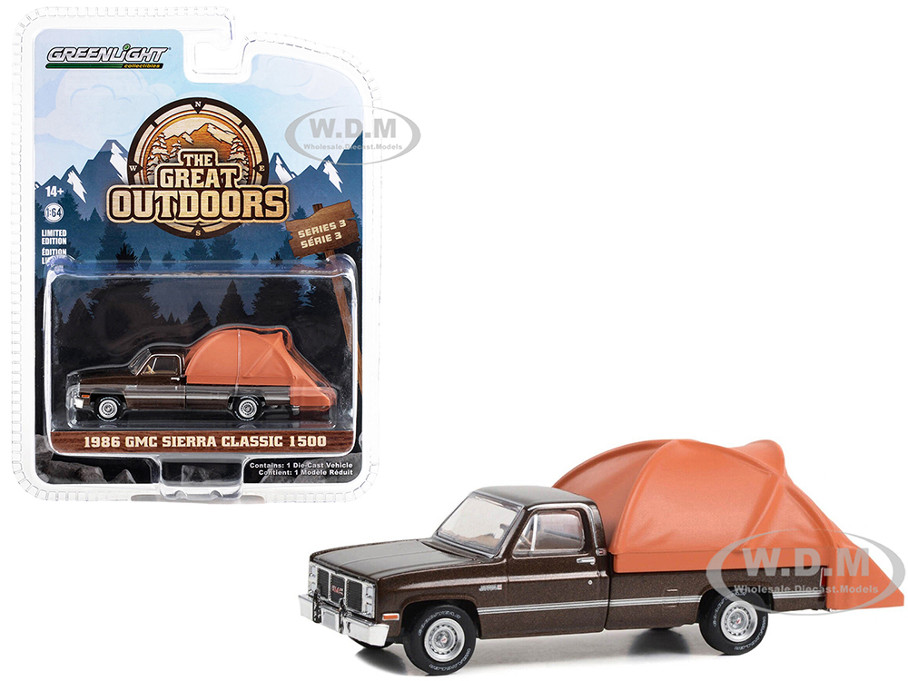 1986 GMC Sierra Classic 1500 Pickup Truck Dark Brown Metallic with Modern Truck Bed Tent The Great Outdoors Series 3 1/64 Diecast Model Car by Greenlight