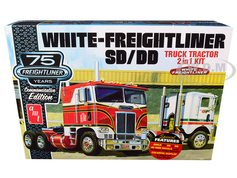 Skill 3 Model Kit White Freightliner SD/DD Truck Tractor 2-in-1 Kit with Display Base "75th Freightliner Anniversary" Commemorative Edition 1/25 Scal