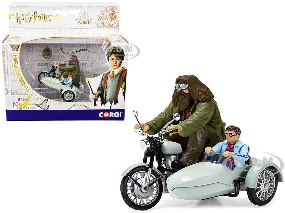 Motorcycle and Sidecar Light Green with Harry and Hagrid Figures 