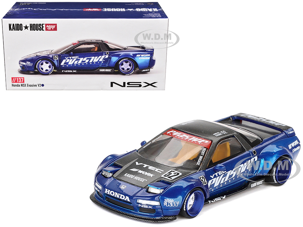 Honda NSX Evasive V2 #52 Blue Metallic with Carbon Top (Designed by Jun Imai) Kaido House Special 1/64 Diecast Model Car by Mini GT