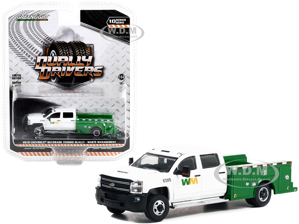 2018 Chevrolet Silverado 3500HD Dually Service Truck White and Green Waste Management Dually Drivers Series 10 1/64 Diecast Model Car by Greenlight