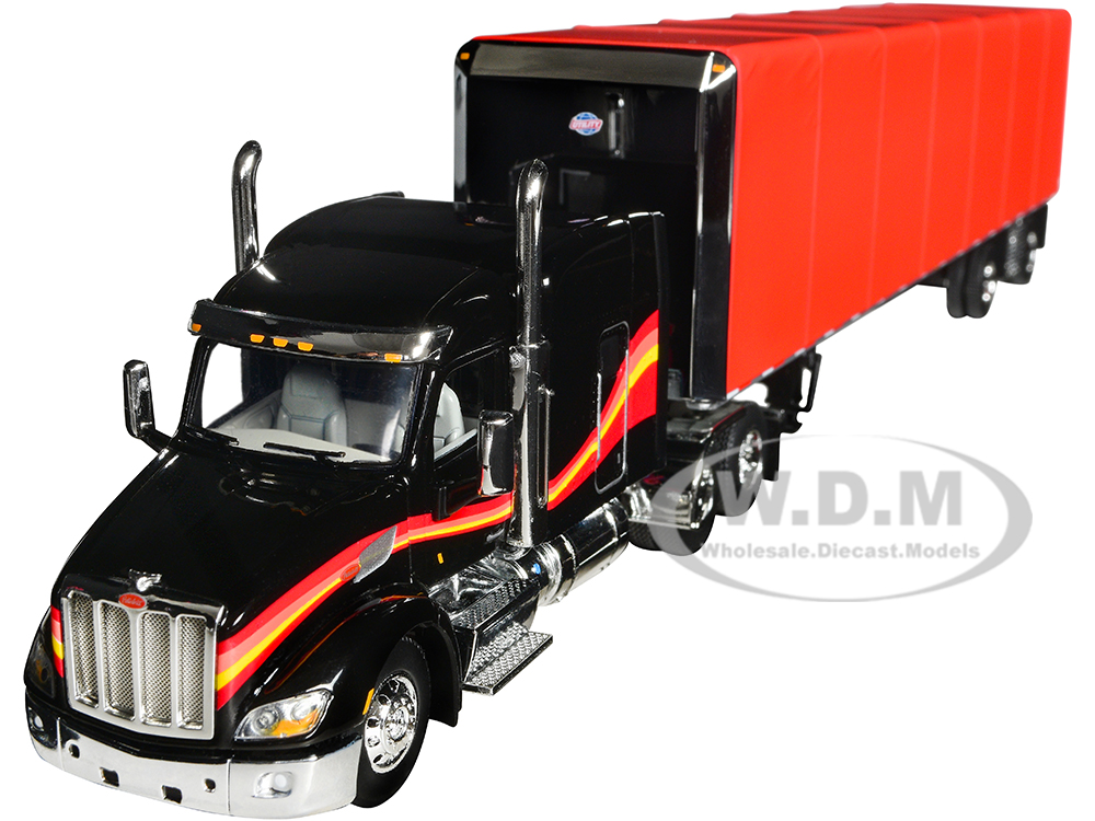 Peterbilt 579 with 72 Mid-Roof Sleeper and 53 Utility RollTarp Trailer Black and Red 1/64 Diecast Model by DCP/First Gear