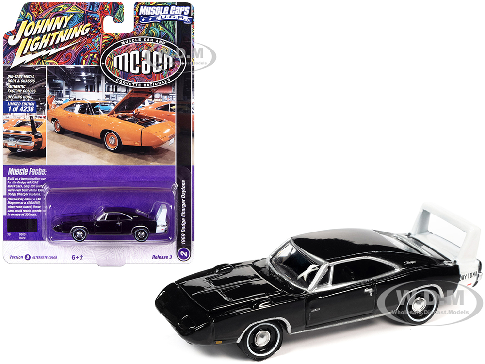 1969 Dodge Charger Daytona Black with White Tail Stripe MCACN (Muscle Car and Corvette Nationals) Limited Edition to 4236 pieces Worldwide Muscle Cars USA Series 1/64 Diecast Model Car by Johnny Lightning