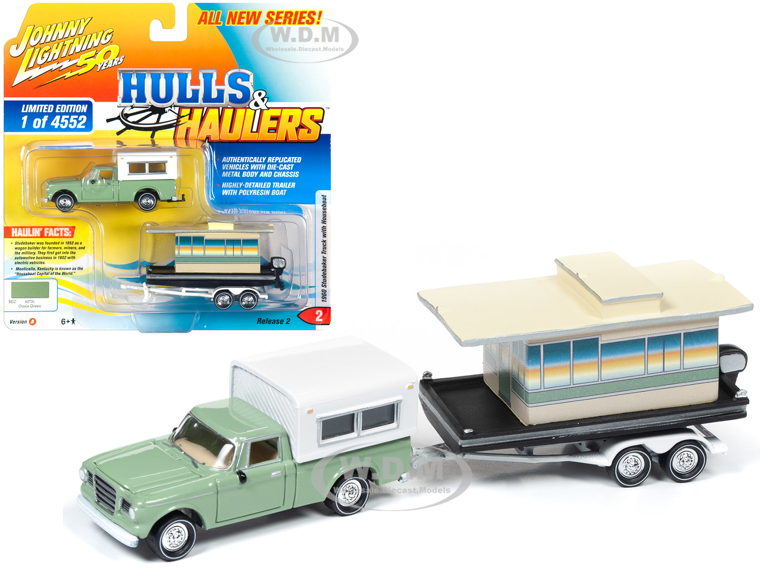 1960 Studebaker Pickup Truck With Camper Shell Oasis Green With Houseboat Limited Edition To 4552 Pieces Worldwide "hulls & Haulers" Series 2 "jo