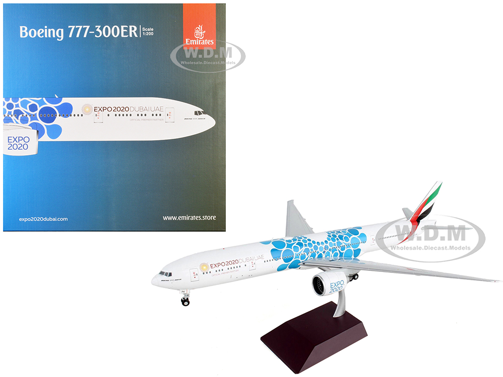 Boeing 777-300ER Commercial Aircraft Emirates Airlines - Dubai Expo 2020 White with Blue Graphics Gemini 200 Series 1/200 Diecast Model Airplane by GeminiJets