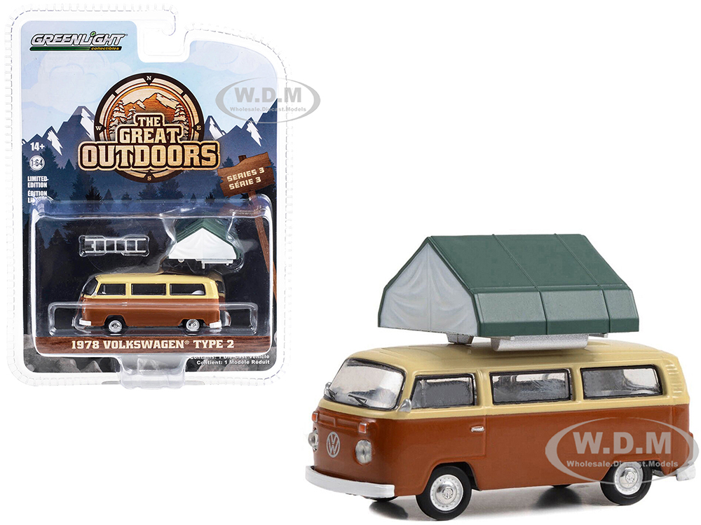 1978 Volkswagen Type 2 (T2B) Van Panama Brown and Dakota Beige with White Interior and Campotel Cartop Sleeper Tent The Great Outdoors Series 3 1/64 Diecast Model Car by Greenlight