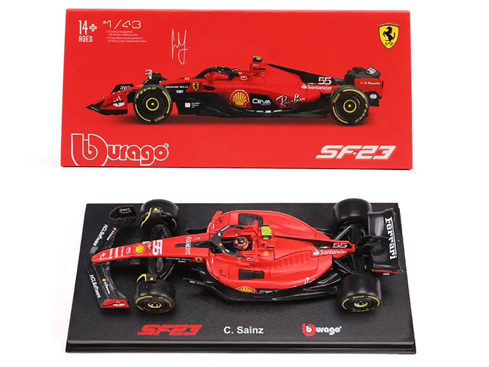 Ferrari SF-23 55 Carlos Sainz "Formula One F1 World Championship" (2023) with Display Case "Formula Racing" Series 1/43 Diecast Model Car by Bburago