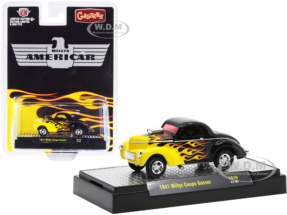 1941 Willys Coupe Gasser Black With Yellow Flames Limited Edition To 6050 Pieces Worldwide 1/64 Diecast Model Car By M2 Machines