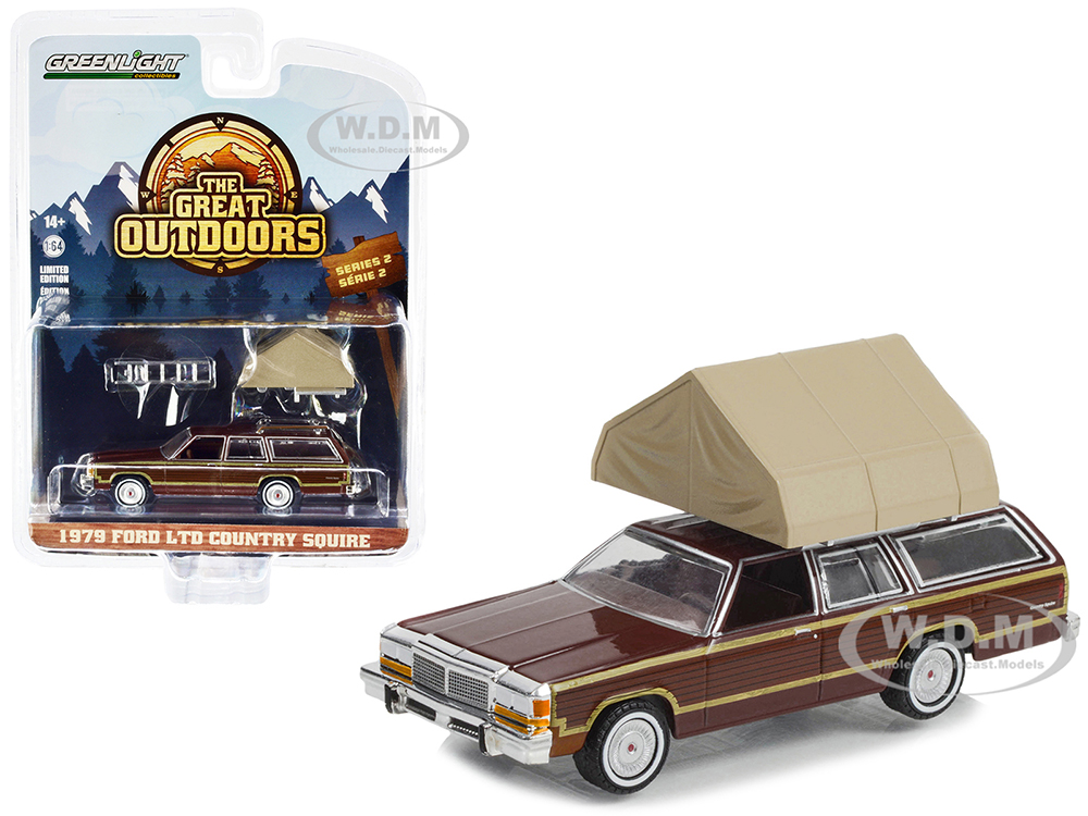 1979 Ford LTD Country Squire Brown with Wood Panels with Campotel Cartop Sleeper Tent "The Great Outdoors" Series 2 1/64 Diecast Model Car by Greenli