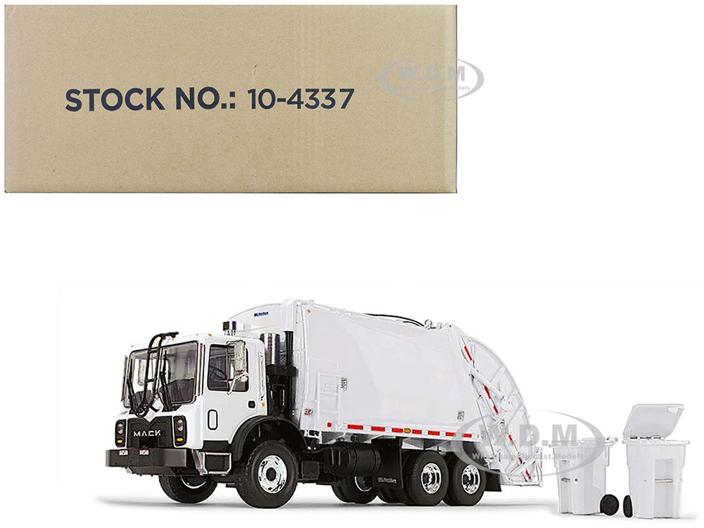 Mack TerraPro Refuse Garbage Truck with McNeilus Rear Loader & Trash Bins White 1/34 Diecast Model by First Gear