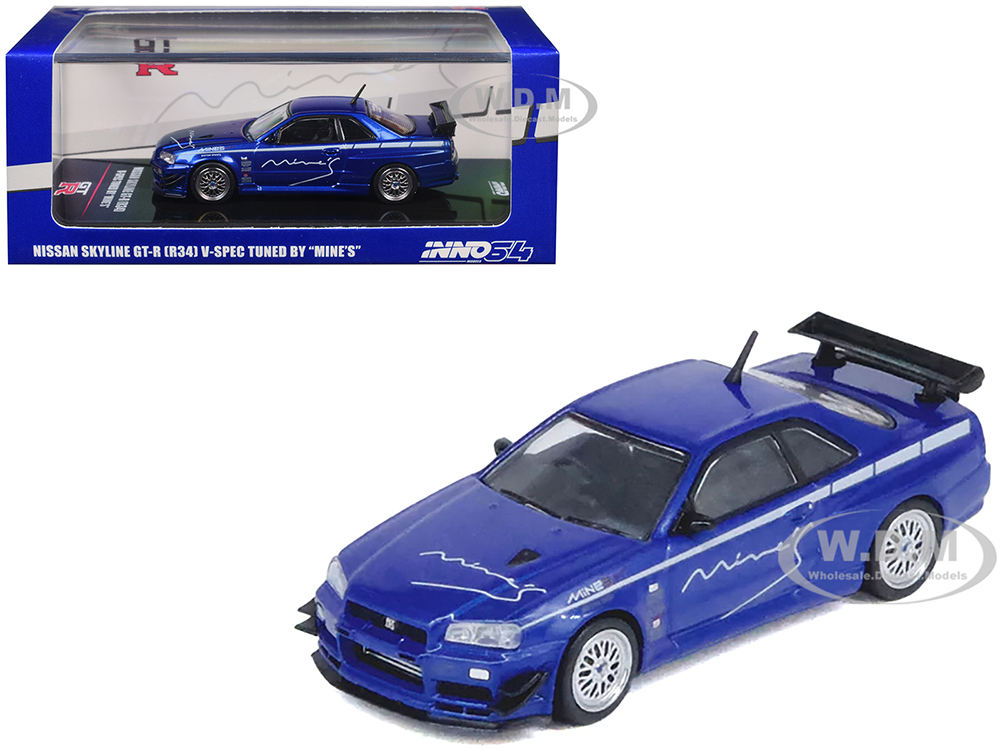 Nissan Skyline GT-R (R34) V-SPEC RHD (Right Hand Drive) "Tuned by Mines" Blue Metallic 1/64 Diecast Model Car by Inno Models