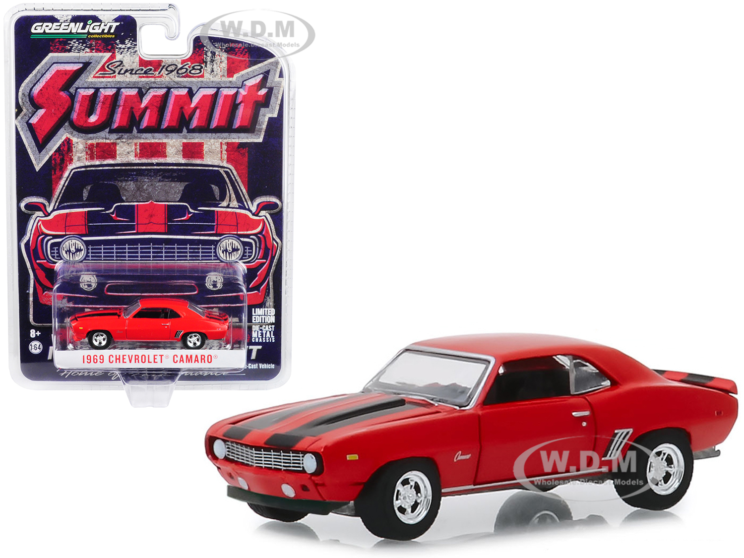 1969 Chevrolet Camaro Red With Black Stripes "since 1968 Summit Racing Equipment" 1/64 Diecast Model Car By Greenlight