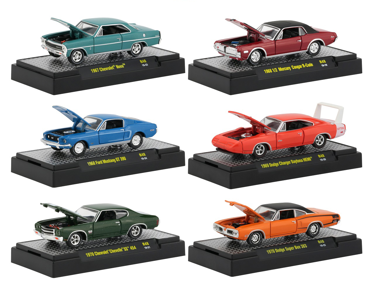 Detroit Muscle Release 48 Set Of 6 Cars In Display Cases 1/64 Diecast Model Cars By M2 Machines