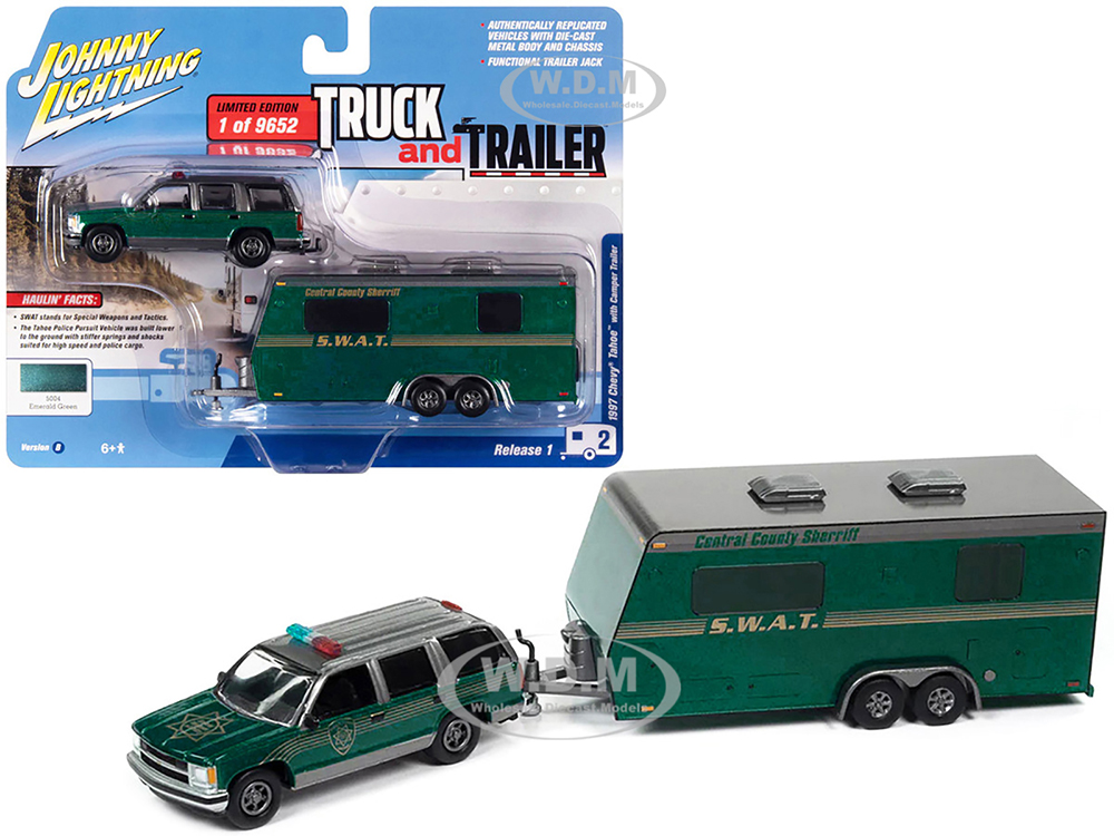 1997 Chevrolet Tahoe "Central County Sheriff" Emerald Green and Gray with "SWAT" Camper Trailer Limited Edition to 9652 pieces Worldwide "Truck and T