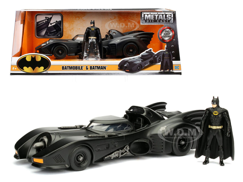 Rubber tires.Brand new box.Car includes 1 figure.Batman made of diecast metal.Detailed interior exterior.Made of diecast with some plastic parts.Dimensions approximately L-8 W-3.75 H-3.55 inches.1989 Batmobile with Diecast Batman Figure 1/24 Diecast Model Car by Jada.
