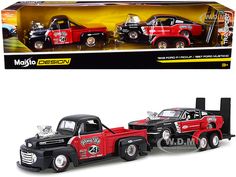 1948 Ford F-1 Pickup Truck 48 with 1967 Ford Mustang GT and Flatbed Trailer "Pony Up" Red and Black Set of 3 pieces "Elite Transport" Series 1/24 Die