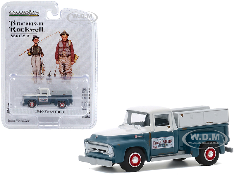 Image of 1956 Ford F-100 Pickup Truck "Normans Bait Shop" White and Blue "Norman Rockwell" Series 3 1/64 Diecast Model Car by Greenlight