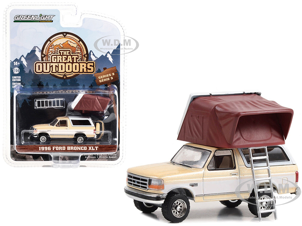 1996 Ford Bronco XLT Light Saddle and Oxford White with Modern Rooftop Tent  The Great Outdoors Series 3 1/64 Diecast Model Car by Greenlight