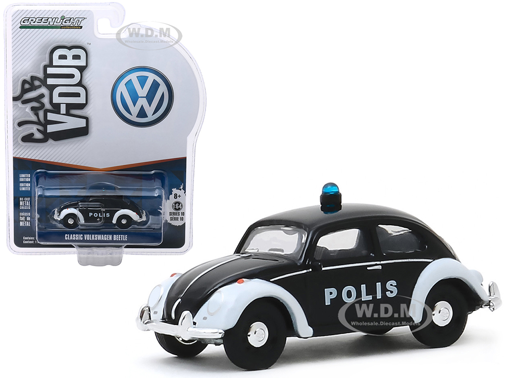 Classic Volkswagen Beetle Police Car "polis" (trollveggen Norway) Black "club Vee V-dub" Series 10 1/64 Diecast Model Car By Greenlight