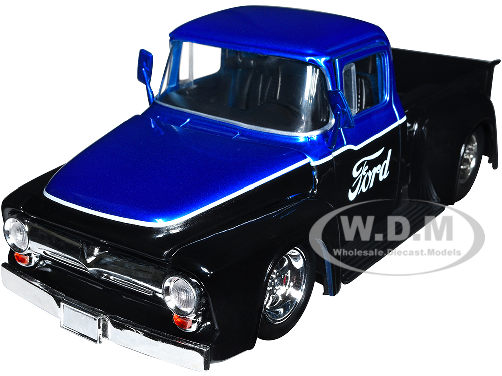 1956 Ford F-100 Pickup Truck Black and Blue Metallic with Ford Graphics Just Trucks Series 1/24 Diecast Model Car by Jada