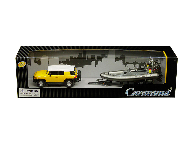 Image of Toyota FJ Cruiser Yellow with White Top and Gray Speed Boat with Trailer 1/43 Diecast Model Car by Cararama