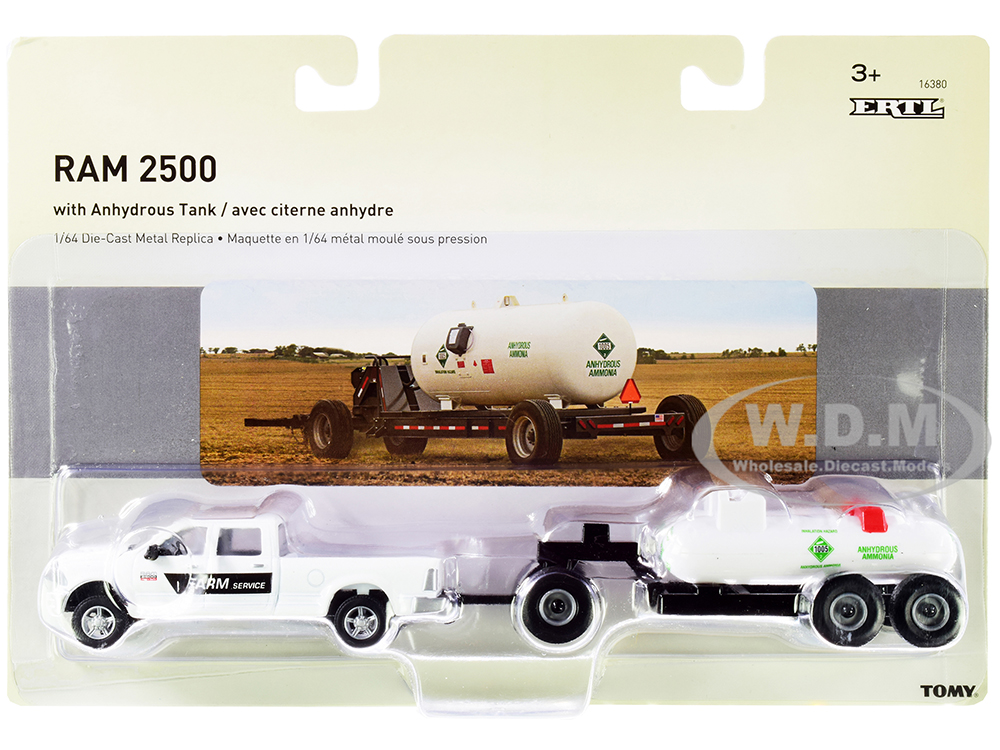 RAM 2500 Pickup Truck "Farm Service" White with Anhydrous Ammonia Tanks and Chassis Set of 2 pieces 1/64 Diecast Models by ERTL TOMY