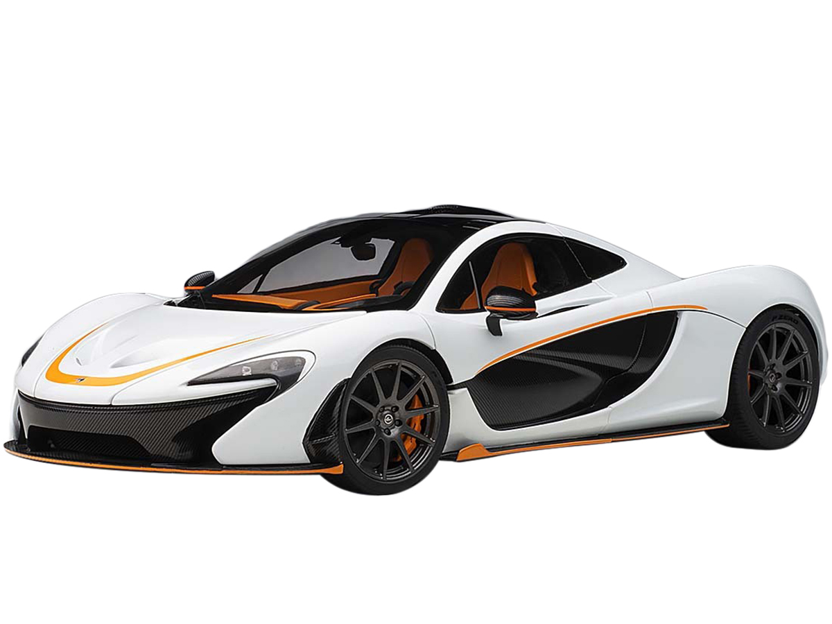 Image of McLaren P1 Alaskan Diamond White and Carbon Fiber with Orange Accents 1/18 Model Car by Autoart