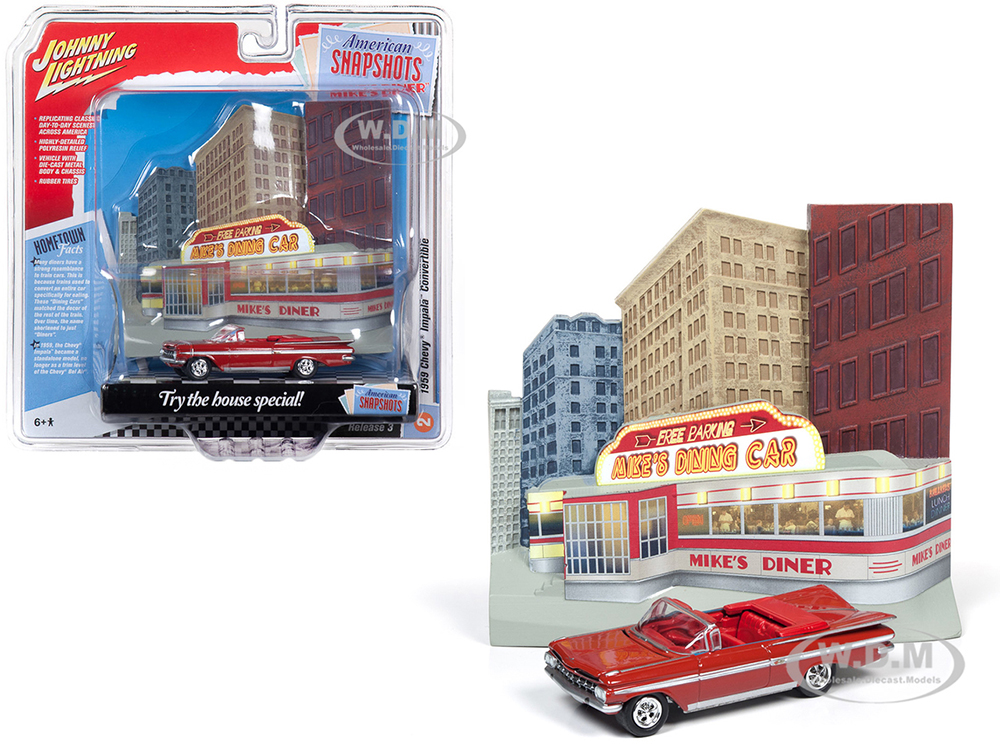 1959 Chevrolet Impala Convertible Red with "Mikes Diner" Front Facade Diorama Set "American Snapshots" 1/64 Diecast Model Car by Johnny Lightning