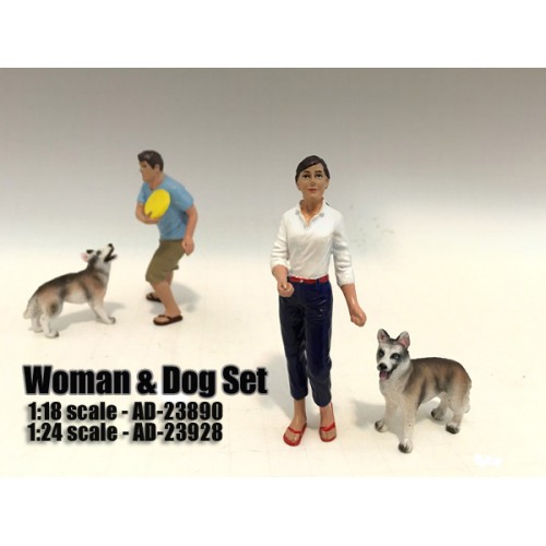 Image of Woman and Dog 2 Piece Figure Set For 124 Scale Models by American Diorama